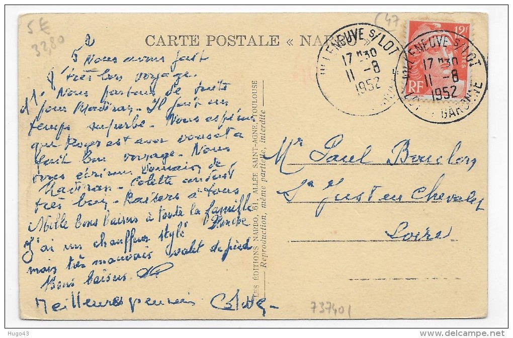 (RECO / VERSO) VILLENEUVE SUR LOT EN 1952 - N° 9 - PORTE DE PARIS AVEC GRAND CAFE - BEAU CACHET - FORMAT CPA - Villeneuve Sur Lot