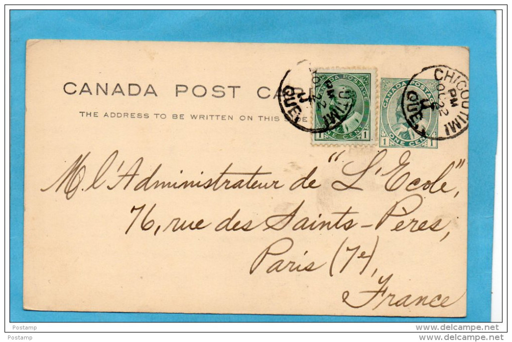 CANADA-Carte Entier Postal -edouard VII -one Cent-+ Complément Affranchissement -destination Françe En 1911 - 1860-1899 Règne De Victoria