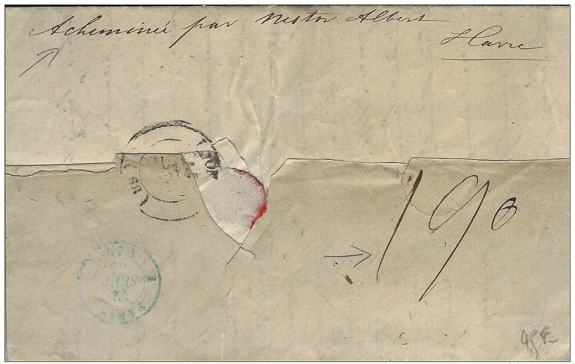 1844- Lettre De La Nouvelle Orléans Postée Au HAVRE " Acheminé Par Nestor Albert Havre " Taxe 19 D En Port Payé - Poste Maritime