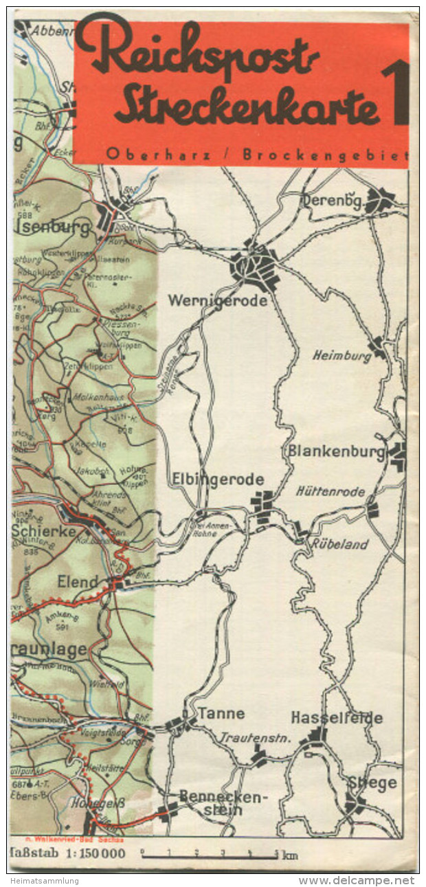 Reichspost-Streckenkarte 1 - Oberharz Brockengebirge - Kraftpostfahrpläne Sommer 1936 - Faltblatt - Europa