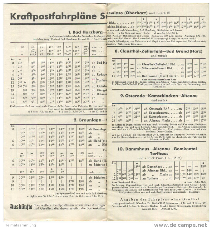 Reichspost-Streckenkarte 1 - Oberharz Brockengebirge - Kraftpostfahrpläne Sommer 1936 - Faltblatt - Europe