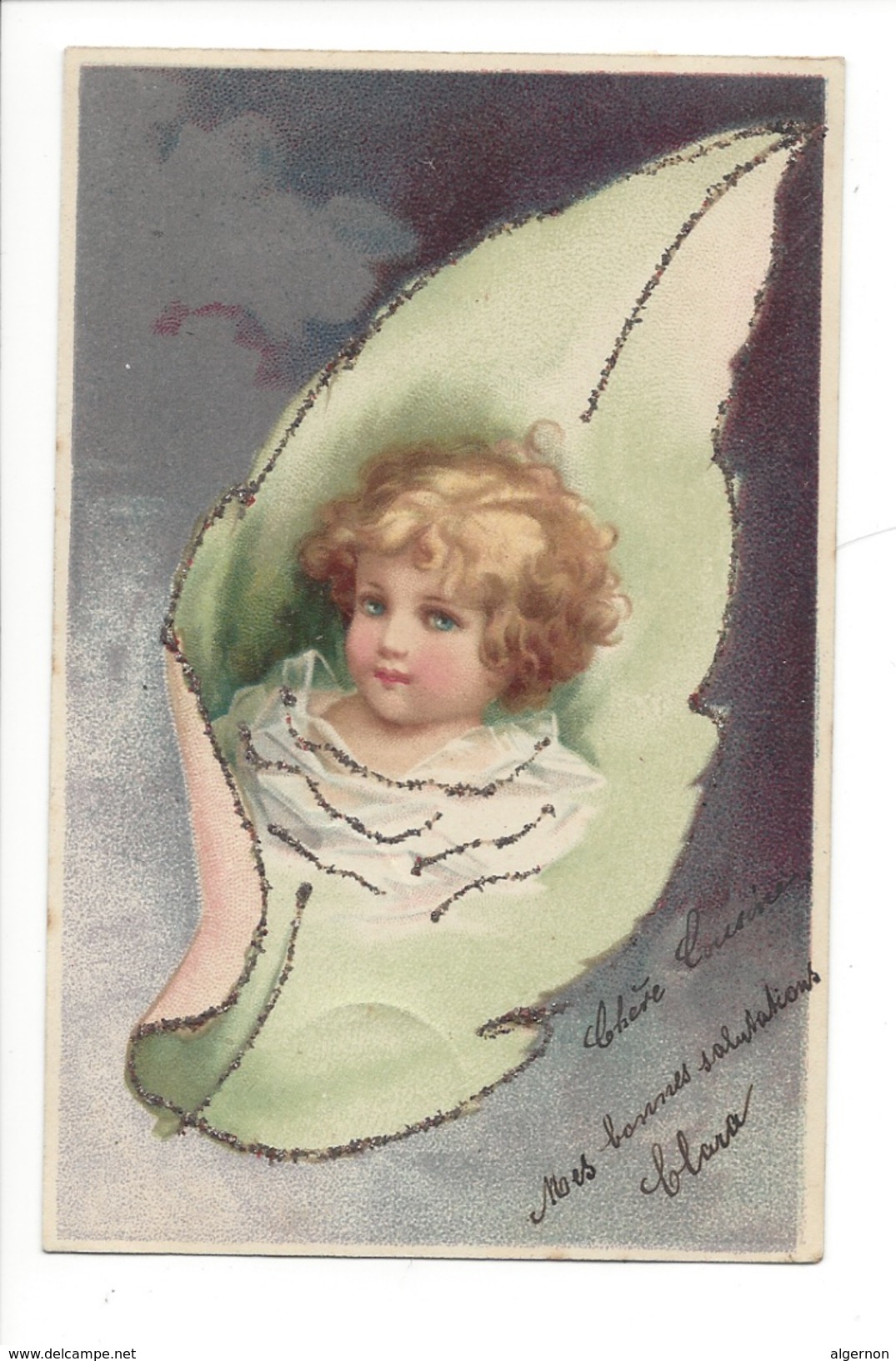 14924 - Petit Ange Dans Feuille Avec Brillant Envoyée En 1910 - Bébés