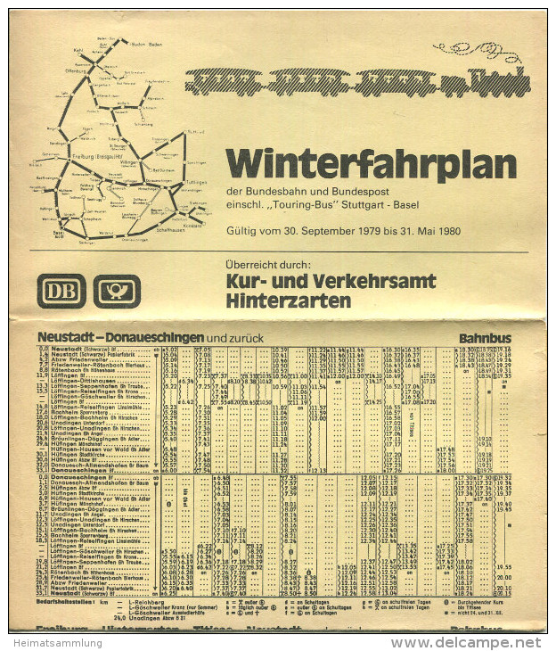 Hinterzarten 1979 - Winterfahrplan Der Bundesbahn Und Bundespost Einschließlich Touring-Bus Stuttgart-Basel - Faltblatt - Europa