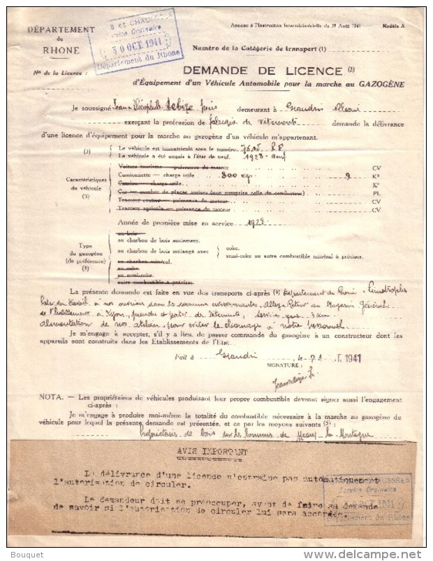 RHÔNE - GRANDIS - DEMANDE DE LICENCE D'EQUIPEMENT D'UN VEHICULE POUR LA MARCHE AU GAZOGENE - 1941 - Voitures