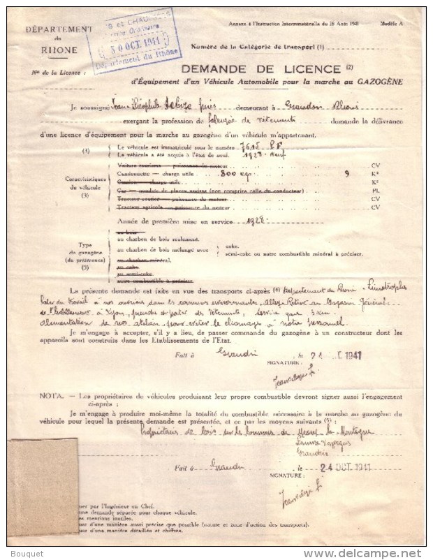 RHÔNE - GRANDIS - DEMANDE DE LICENCE D'EQUIPEMENT D'UN VEHICULE POUR LA MARCHE AU GAZOGENE - 1941 - Voitures