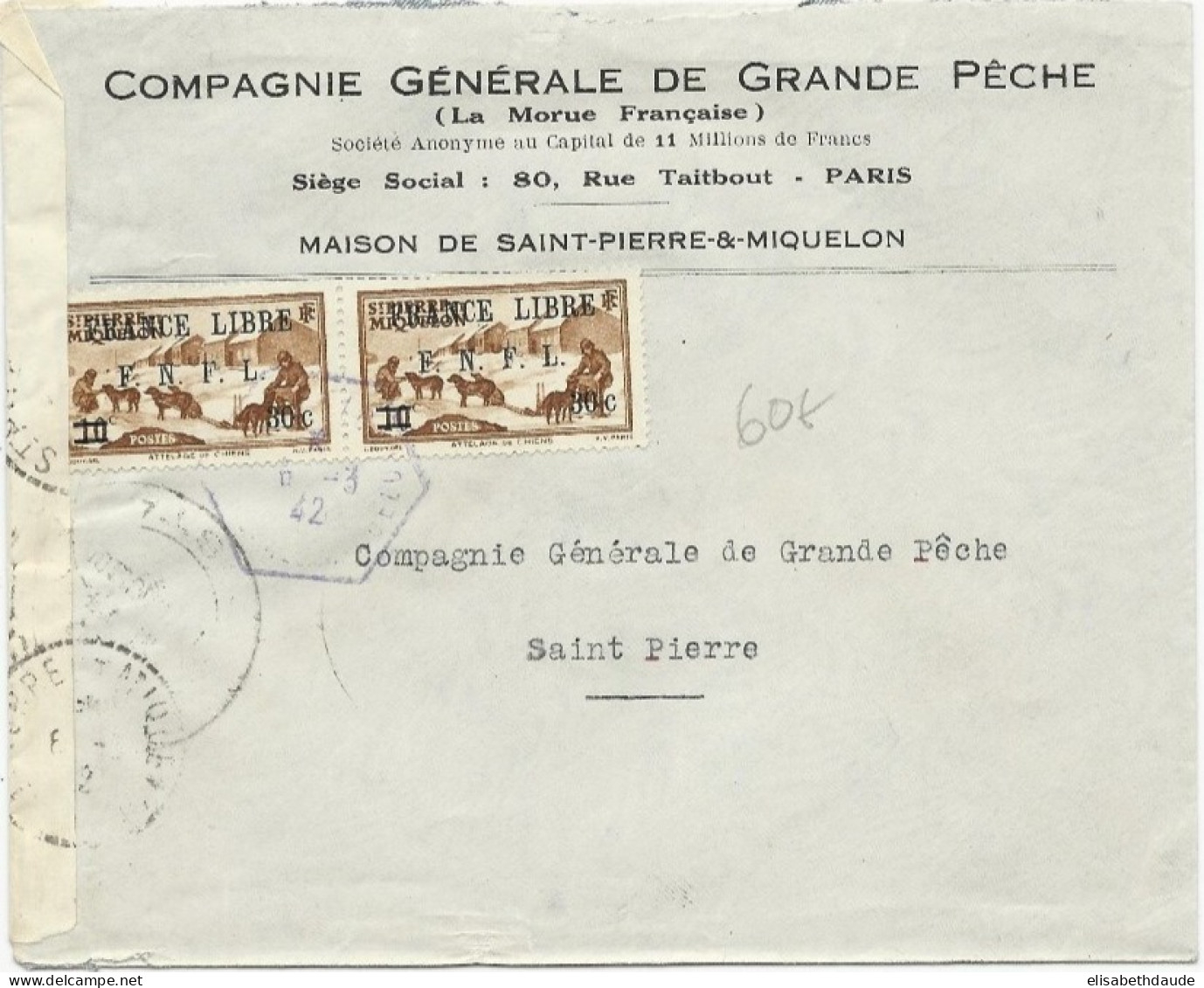 SPM - 1942 - FRANCE LIBRE Sur ENVELOPPE CENSUREE De ST PIERRE - Storia Postale