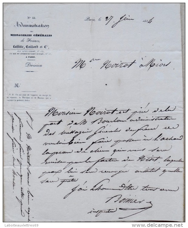 TITRE DE TRANSPORT-N°44 ADMINISTRATION MESSAGERIES GENERALES LAFFITTE-PARIS 1834 - Otros & Sin Clasificación