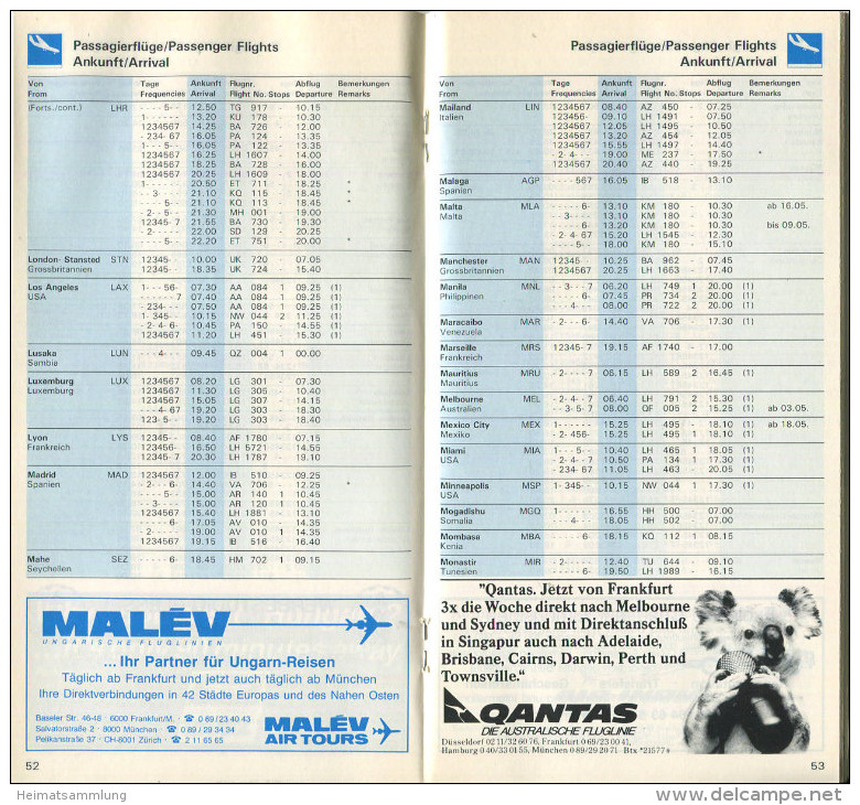 Flughafen Frankfurt Am Main - Flugplan Timetable 5/87 - Pasagier- Und Frachtflüge - Hotelverzeichnis - News - S- Und U-B - Europe