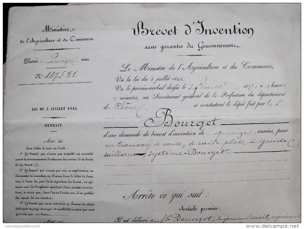 LOT 6 BREVETS D'INVENTION MR BOURGET 1877-TRAMWAY A ROUES, A RAILS PLATS - PLANS