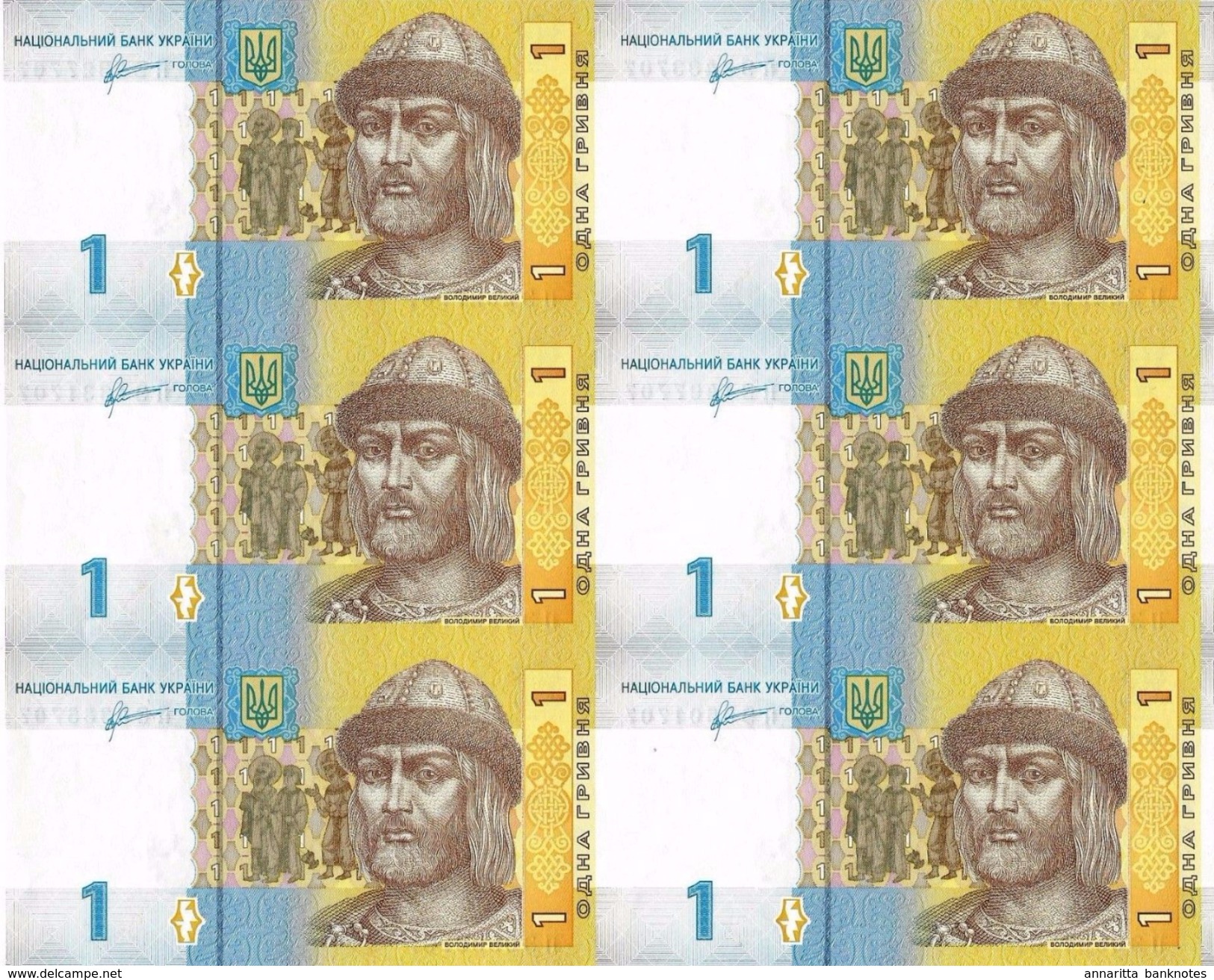 UKRAINE 1 HRYVNIA 2011 P-116Ab UNC  UNCUT SHEET (6 PCS) [ UA844b ] - Ukraine