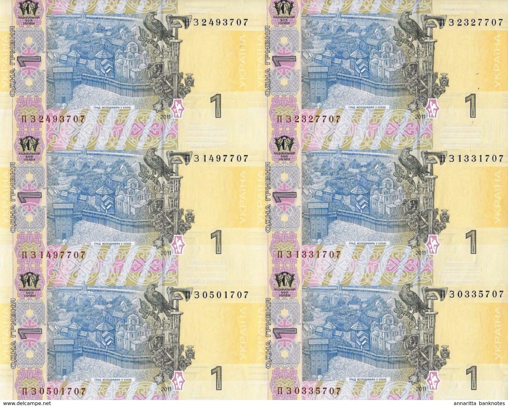 UKRAINE 1 HRYVNIA 2011 P-116Ab UNC  UNCUT SHEET (6 PCS) [ UA844b ] - Ucraina