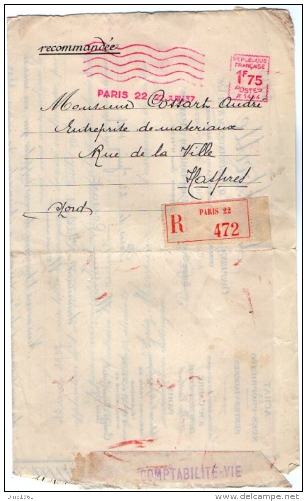 TB 2002 - Lettre Recommandée Cie D´Assurances L´Abeille OB EMA PARIS 22 Pour HASPRES - EMA (Empreintes Machines à Affranchir)