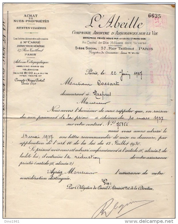 TB 2002 - Lettre Recommandée Cie D´Assurances L´Abeille OB EMA PARIS 22 Pour HASPRES - EMA (Empreintes Machines à Affranchir)