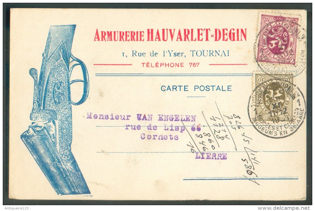 ARMURIES - ARMES - FIREARM - Belgique 10 + 40  Centimes Lion Obl. Sc TOUNRAI 1  Sur C.P. à En-tête ARMURERIE HAUVARLET-D - Non Classés