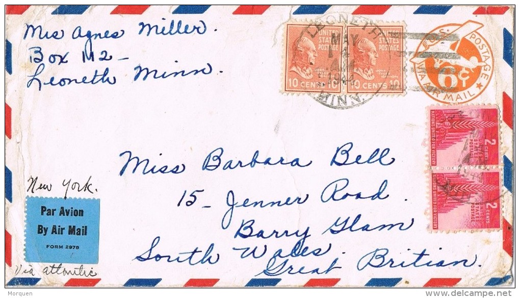 18586. Carta Entero Potal Aerea LEONETH (Minnesota) 1944 To England - 1941-60