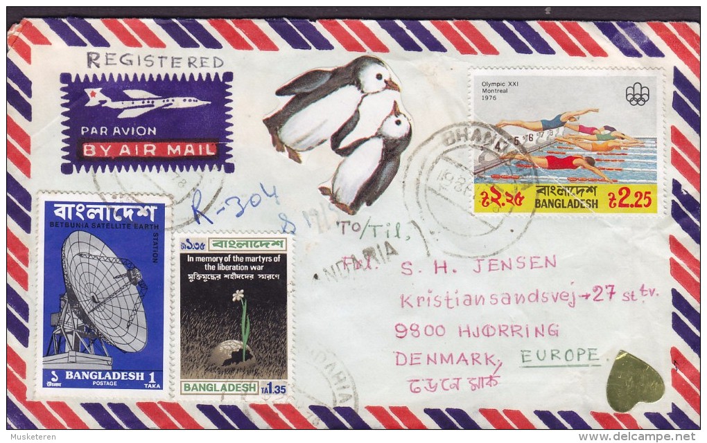 Bangladesh Air Mail Par Avion Registered Einschreiben BHANDARIA 1978 Cover Brief Olympic Games Satellite Penguin Sticker - Bangladesch