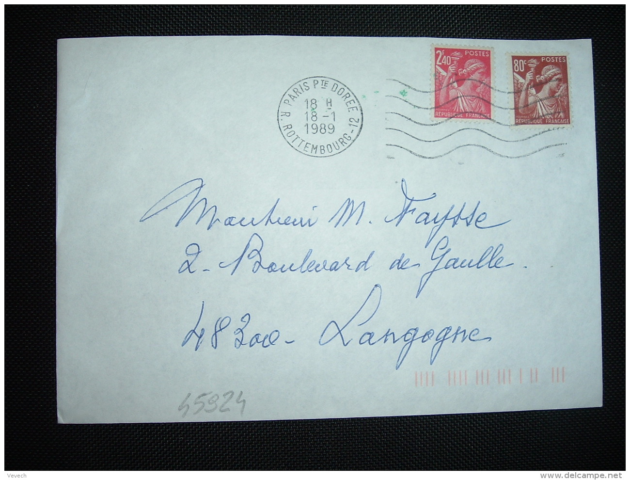 LETTRE TP IRIS 2F40 + 80c OBL.MEC.18-1-1989 PARIS PTE DOREE (Très Tardif ) Lettre Non Taxée - 1939-44 Iris