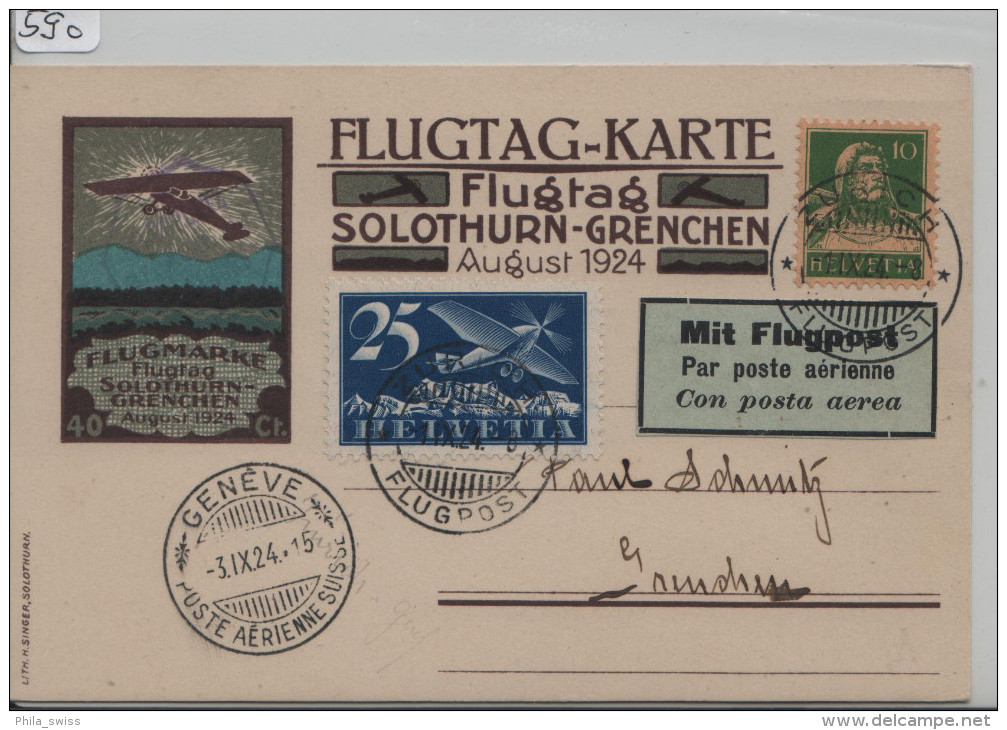 1924  Flugtag Karte Solothurn-Grenchen August - Stempel: Zürich Flugpost + Geneve Poste Aerienne F5 - Premiers Vols