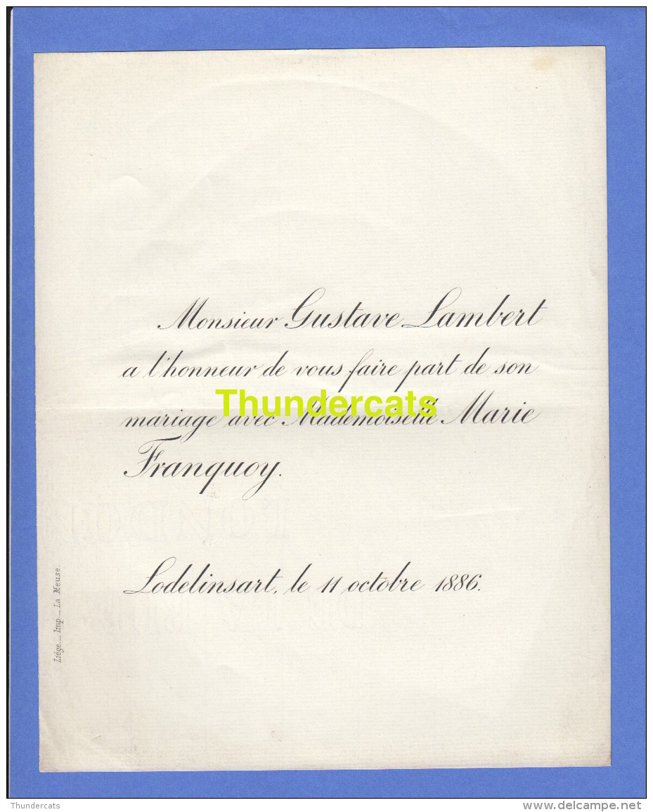 FAIRE PART MARIAGE GUSTAVE LAMBERT MARIE FRANQUOY LODELINSART 1886 - Mariage