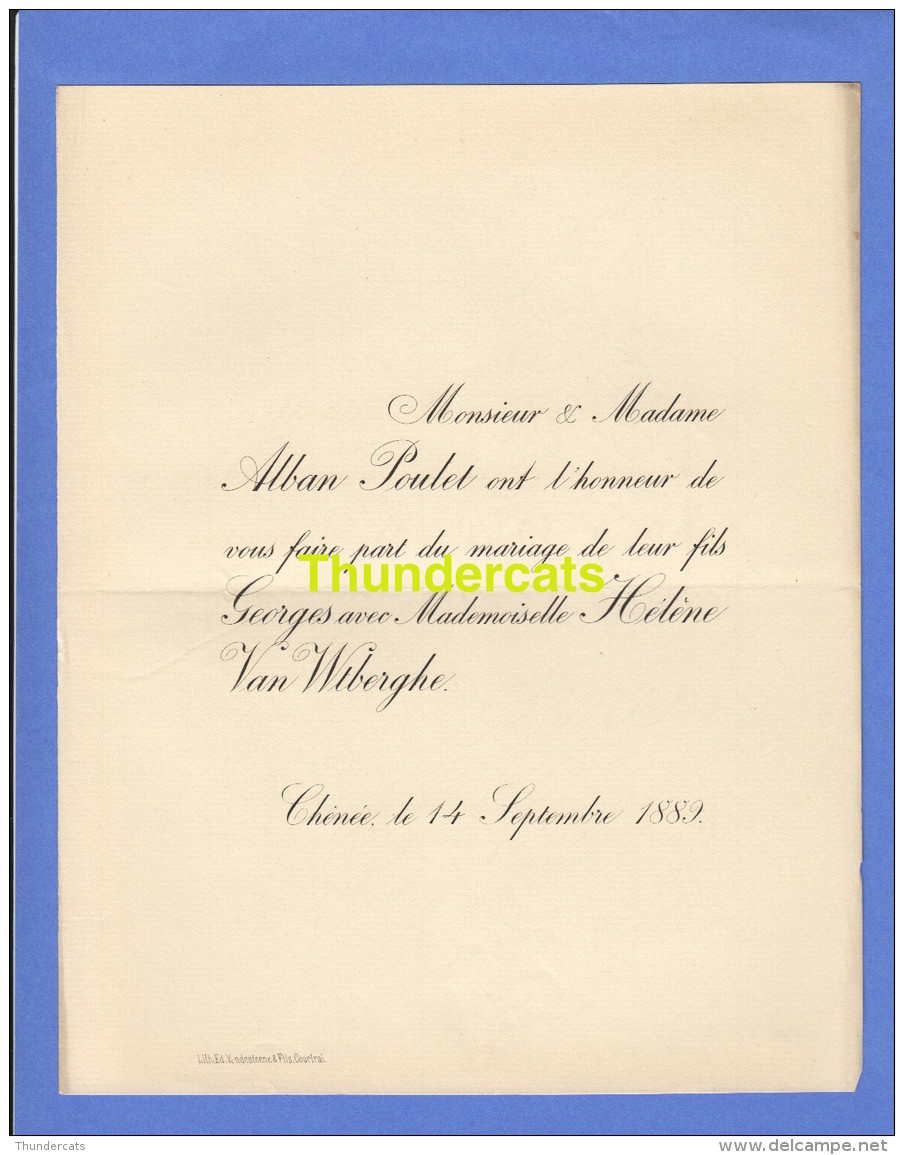 FAIRE PART MARIAGE ALBAN POULET GEORGES HELENE VAN WTBERGHE CHENEE 1889 - Mariage