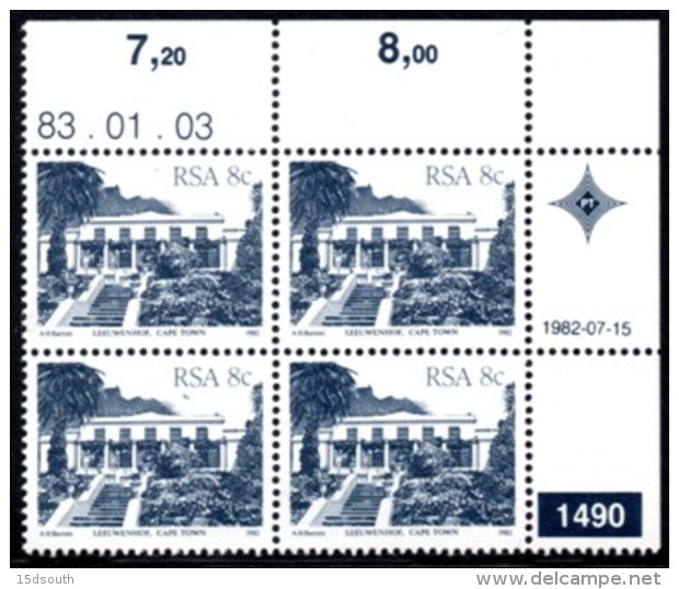 South Africa - 1982 Architecture Definitive 8c Reprint Control Block 1490 83.01.03 (**) # SG 518a , Mi 608Ib - Blocks & Sheetlets