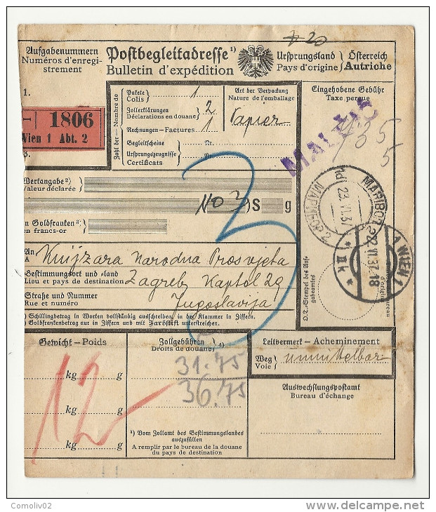 Autriche (Osterreich) - Bulletin D'expédition - WIEN - ZAGREB (Yougoslavie) - 1937 - Lettres & Documents