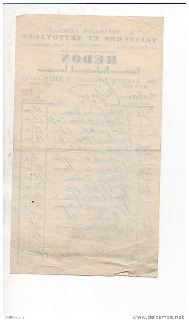 Facture 1930 : " Au Charbon Lorrain" Teintures Et Nettoyages Ancienne M. Peschard " Redon Succ." Avenue D'Eylau Paris 16 - 1900 – 1949