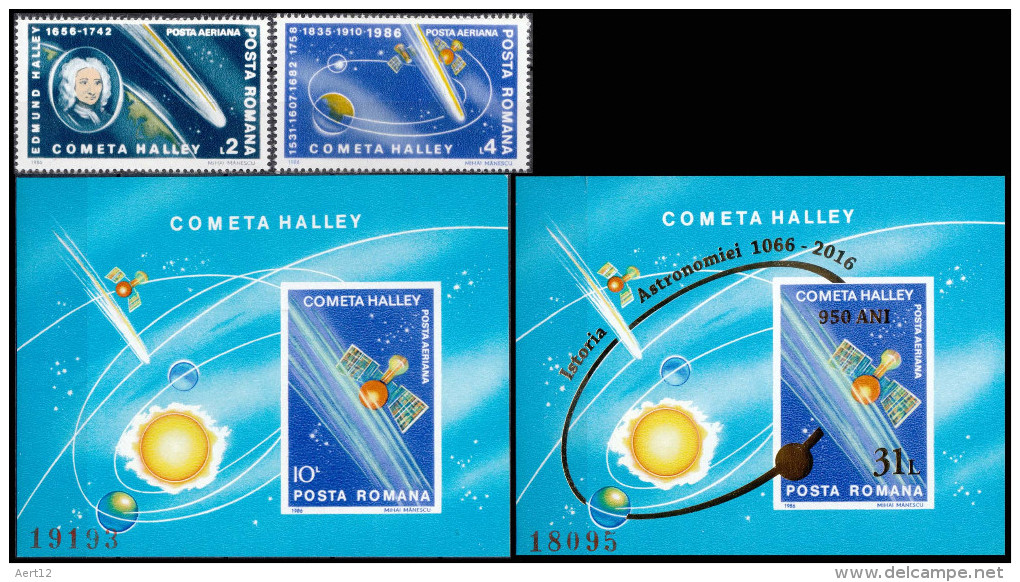 ROMANIA, 2016, Halley´s Comet, Astronomy & Astrology, Overprint, Gold Foil,2 Stamps + 2 Imperf. S/S, LPMP 2102,1149,1150 - Nuevos