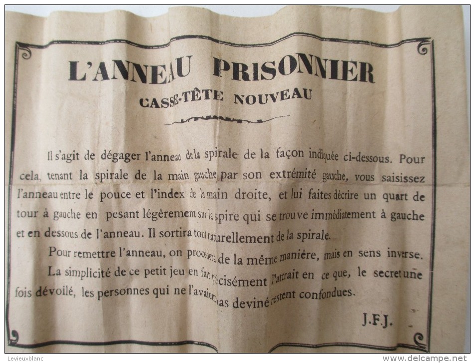 Jeu Ancien/"L'Anneau Prisonnier"/Casse-tête/J F J  /Paris / Avec Solution/Vers 1880-1900    JE172 - Brain Teasers, Brain Games