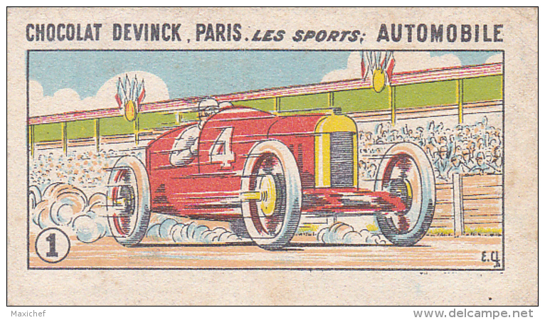 Image Illustrée Par E.Ch 56 X 98 Mm " Chocolat DEVINCK, Paris . Les Sports: Automobiles - Bolide Sur Un Circuit - Chocolate