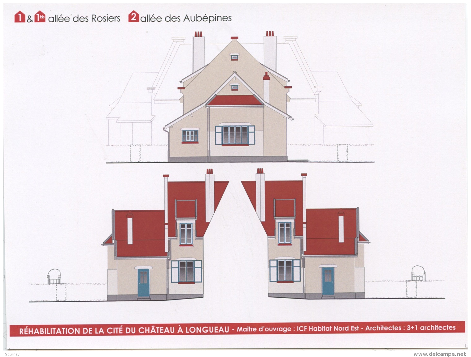 Longueau Cité Du Château : 1 & 1bis Allée Des Rosiers 2 Allée Des Aubépines (plans Réhabilitation 3+1 Architectes) 20X15 - Longueau