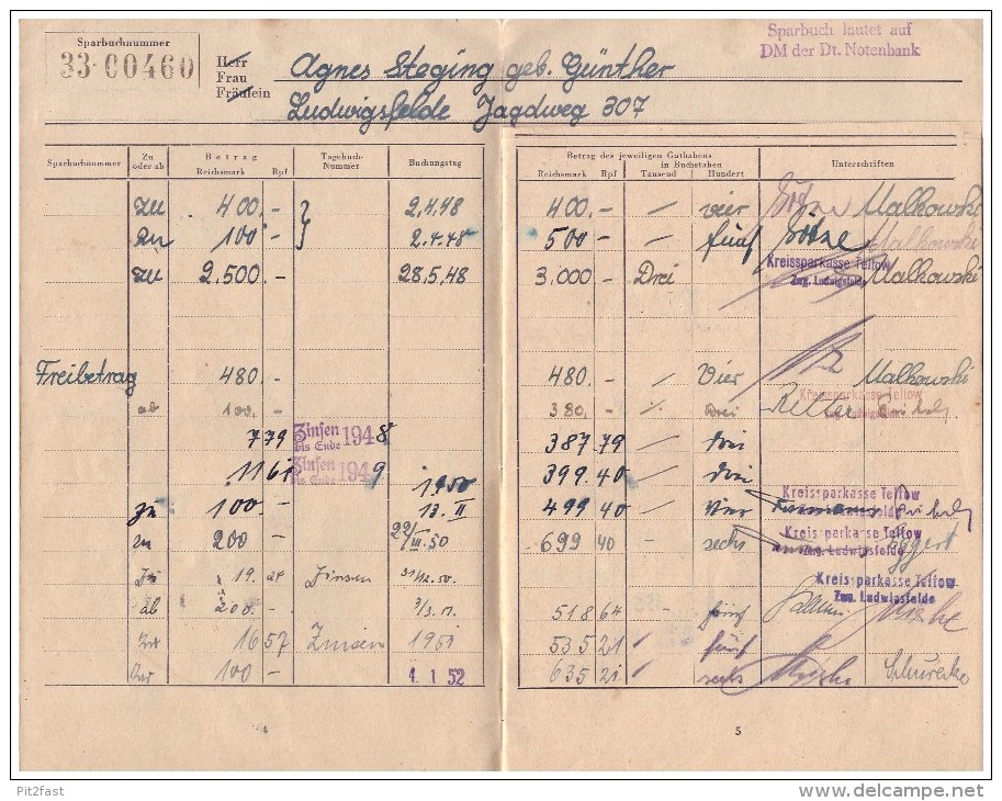 Sparbuch Der Sparkasse Ludwigsfelde / Teltow , 1949-60 , Agnes Steging , Geb. Günther , Zossen , Bank !!! - Ludwigsfelde