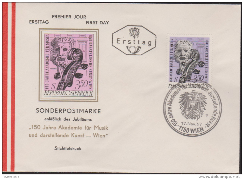 MB 3607) Österreich 1967 Mi# 1253 FDC: Schnecke Und Wirbel Einer Violine, 150 Jahre Akademie Für Kunst Und Musik - Musica