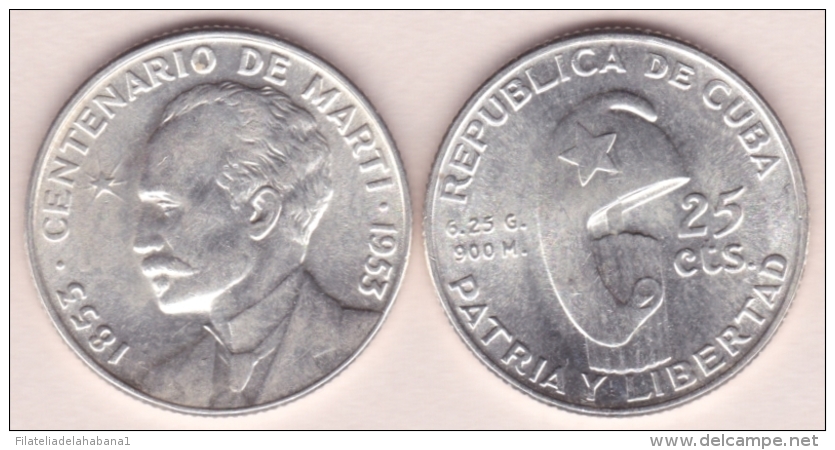 1953-MN-111 CUBA. 1953. CENTENARIO DE MARTI. 25c SILVER 6.5gr. XF PLUS. - Cuba