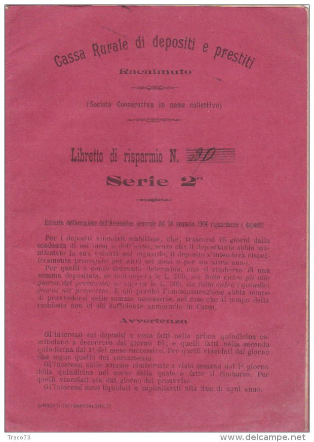 CASSA RURALE DI DEPOSITI E PRESTITI - Racalmuto  /  Libretto Di Risparmio Numero 30 _ Emissione 1° Gennaio 1909 - Altri & Non Classificati