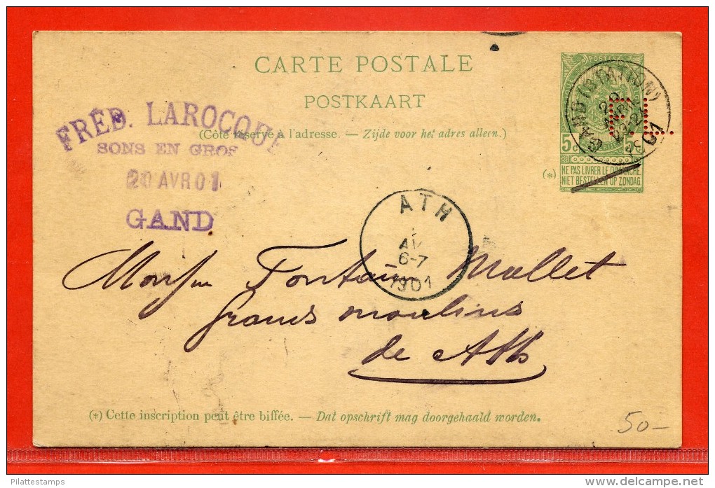 BELGIQUE ENTIER POSTAL PERFORE F.L 5 C DE 1901 DE GAND POUR ATH - Cartes Postales 1871-1909