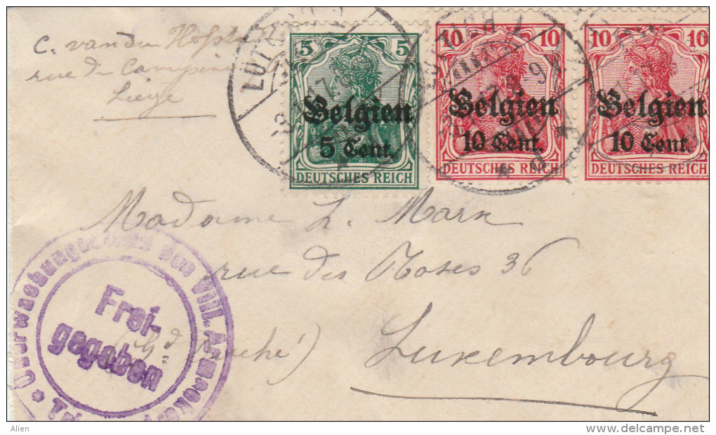 5ct + 10 Ct X 2 Op Briefje Naar G-D LUXEMBOURG 1917, Censuur Trier. - Occupation