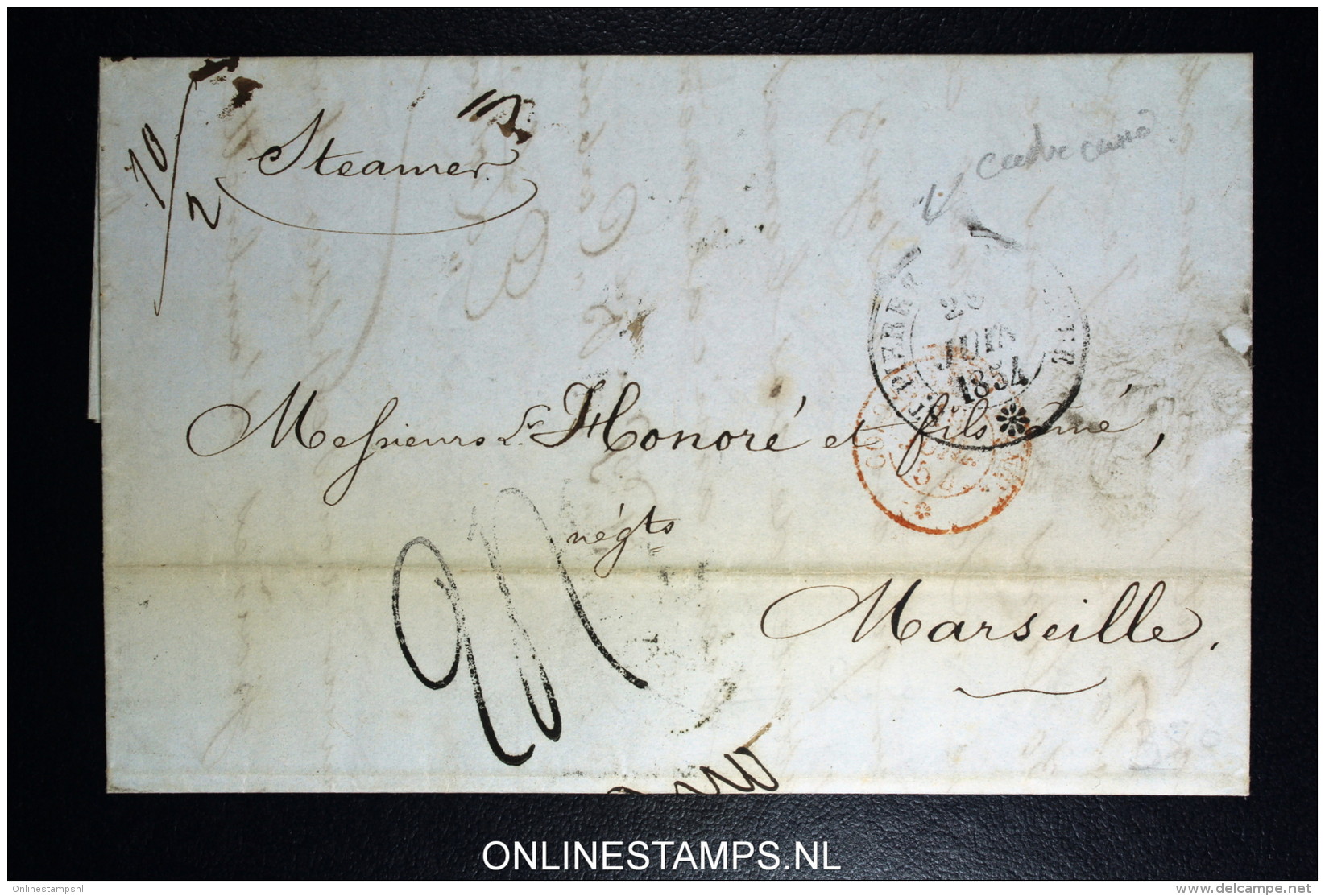 Martinique: Lettre 1854 Cachet  St Pierre + COL.FR ANGL AMB CALAIS En Rouge A Marseille - Covers & Documents