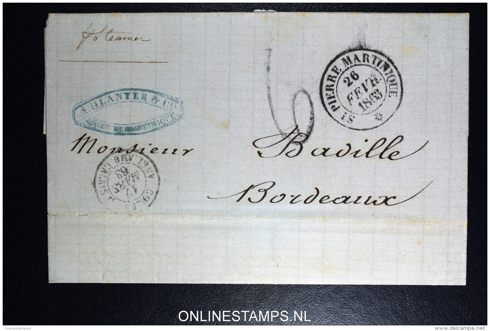 Martinique: Lettre 1863 Cachet  St Pierre + COL.FR ANGL AMB CALAIS  + Recto Bordeaux - Brieven En Documenten