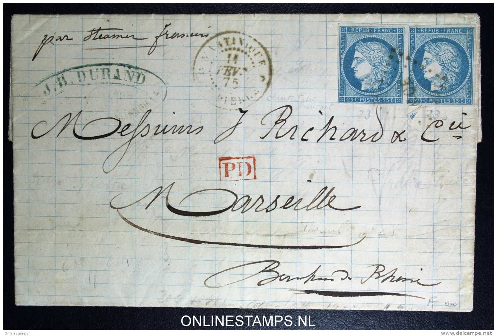 Martinique: Lettre 1875  Losagne MQE, PD  + St Pierre Yv 23 Paire RRR Maury Cat Valeur Pour 1 Timbre Est 250 Euro - Storia Postale