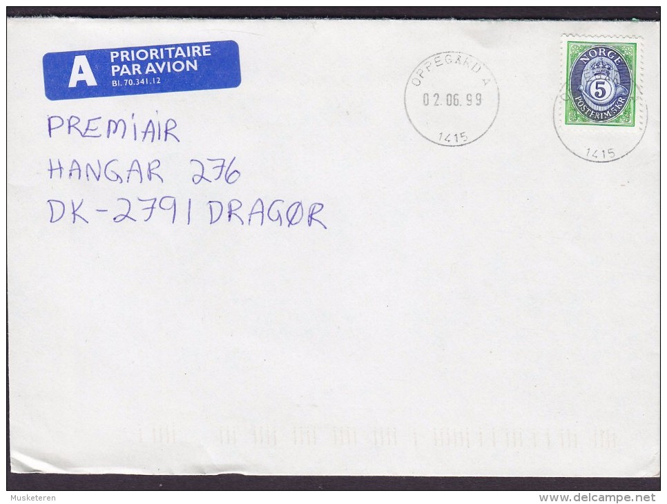 Norway A PRIORITAIRE Par Avion Label OPPEGÅRD 1999 Cover Brief Denmark Posthorn Stamp - Briefe U. Dokumente