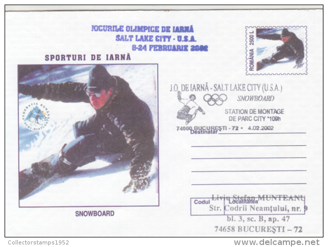 45210- SNOWBOARD, SALT LAKE CITY'02 WINTER OLYMPIC GAMES, COVER STATIONERY, 2002, ROMANIA - Hiver 2002: Salt Lake City