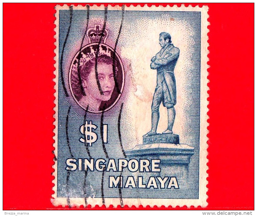 SINGAPORE - Usato - 1955 - Regina Elisabetta E Statua Di Sir Stamford Raffles - 1 - Singapore (1959-...)