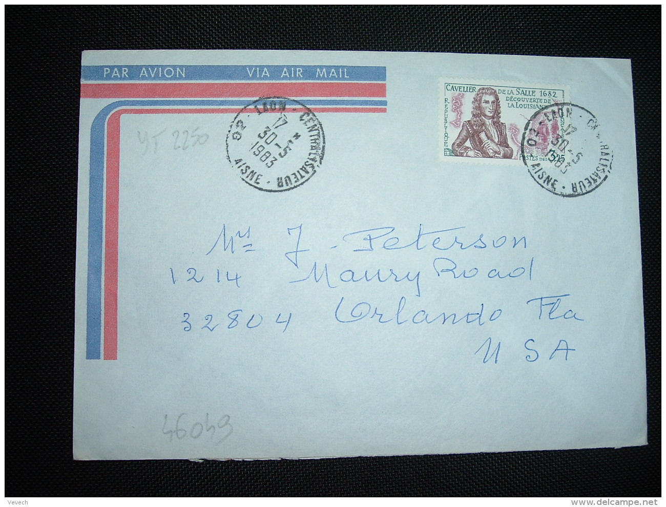 LETTRE Pour USA TP YT 2250 DECOUVERTE DE LA LOUISIANE 3,25 OBL.30-5-1983 LAON CENTRALISATEUR (02 AISNE) - 1961-....