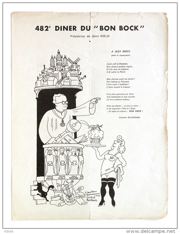 Diner Du Bon Bock N°482 Novembre 1953 Poésie G. Blanchard, à Jean Rieux - Menu
