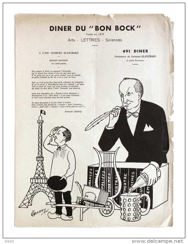 Diner Du Bon Bock N°491 Novembre 1956 Poésie Richard Lesecq, à G. Blanchard - Menus