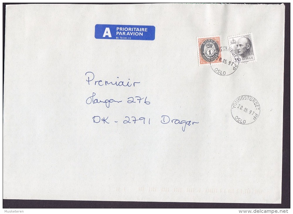Norway A PRIORITAIRE Par Avion Label YOUNGSTORGET Oslo 1997 Cover Brief Denmark Posthorn & Olav Stamps - Briefe U. Dokumente
