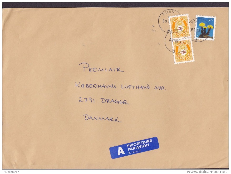 Norway A PRIORITAIRE Par Avion Label MOSS 1997 Cover Brief Denmark Flower & Posthorn Stamps - Briefe U. Dokumente