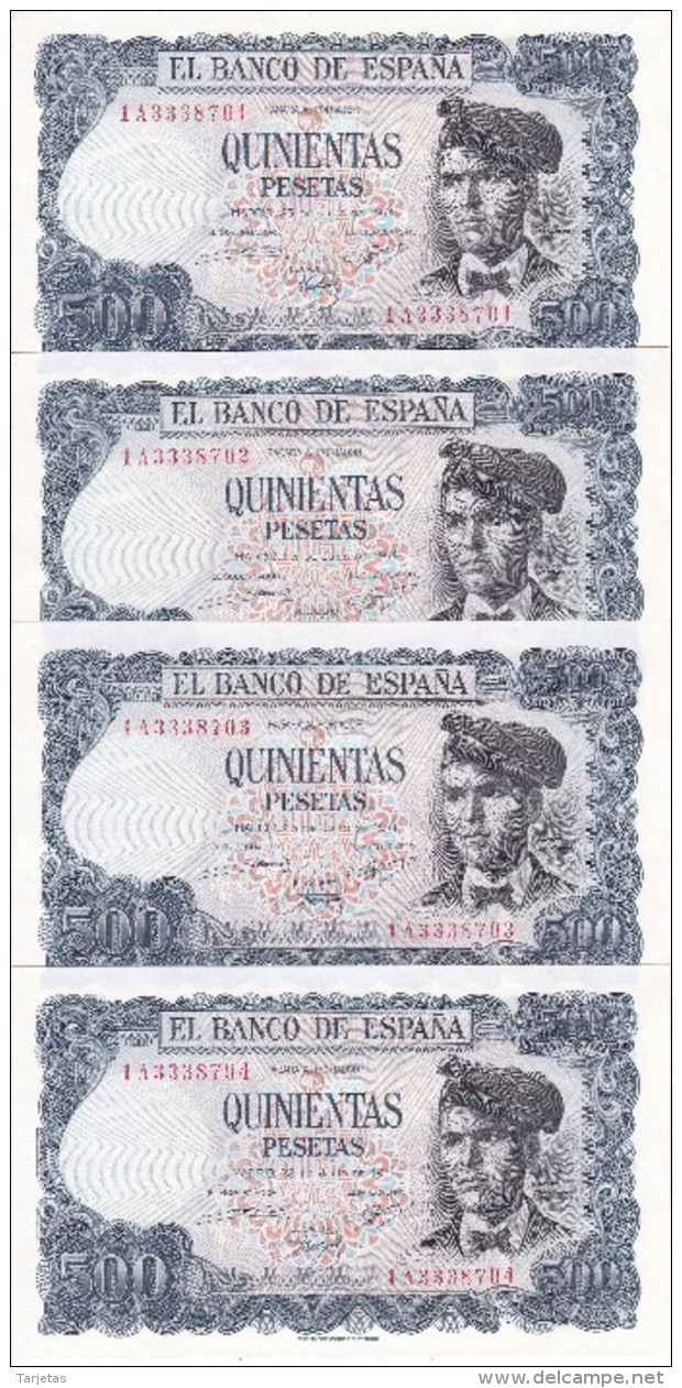 4 BILLETES CORRELATIVOS DE 500 PTAS DEL 23/07/1971 SERIE 1A  SIN CIRCULAR-UNCIRCULATED - 500 Peseten