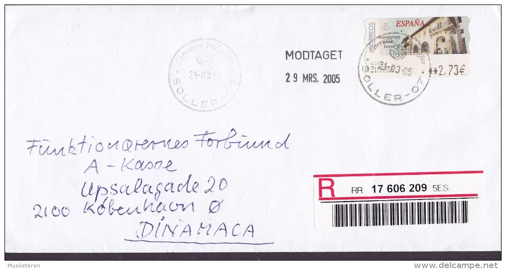 Spain Registered Certificado SOLLER 2005 Cover Letra Denmark ATM / Frama Label Arquitectura Postal Ferrol - Maschinenstempel (EMA)